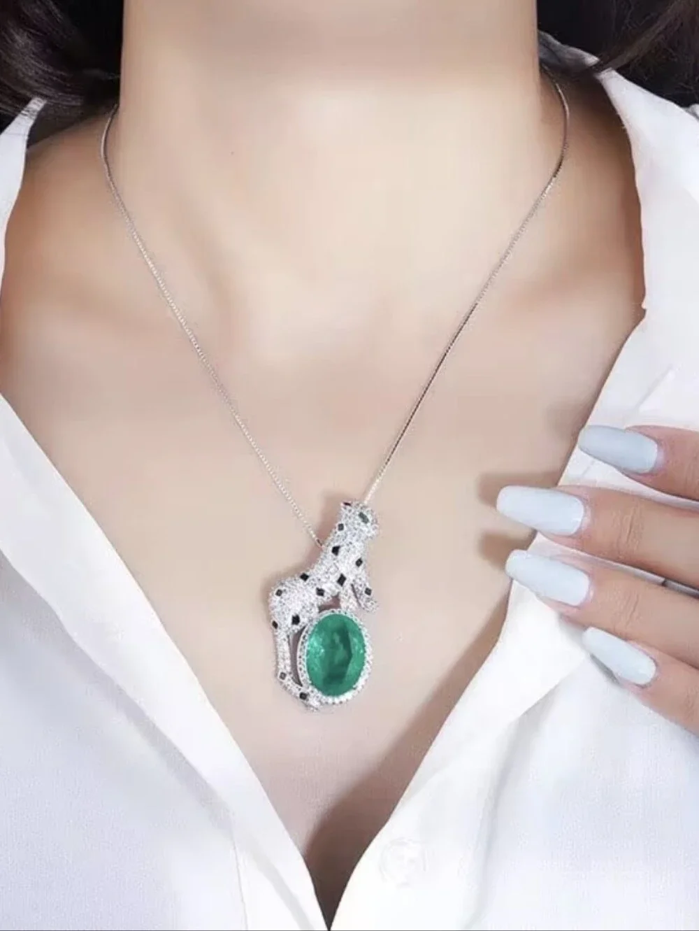 Emerald Green Diamond Leopard Charm Necklace